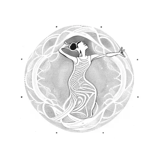 A silhouette of a mother dancing with her children, surrounded by swirling patterns representing movement and joy tattoo design idea