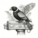 Portrait of a pheasant perched on a mailbox, with a black Labrador sitting nearby tattoo design idea