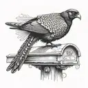 Portrait of a pheasant perched on a mailbox, with a black Labrador sitting nearby tattoo design idea