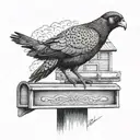 Portrait of a pheasant perched on a mailbox, with a black Labrador sitting nearby tattoo design idea