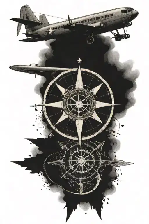A detailed compass rose intertwined with a vintage airplane, representing a love for travel and exploration tattoo design idea