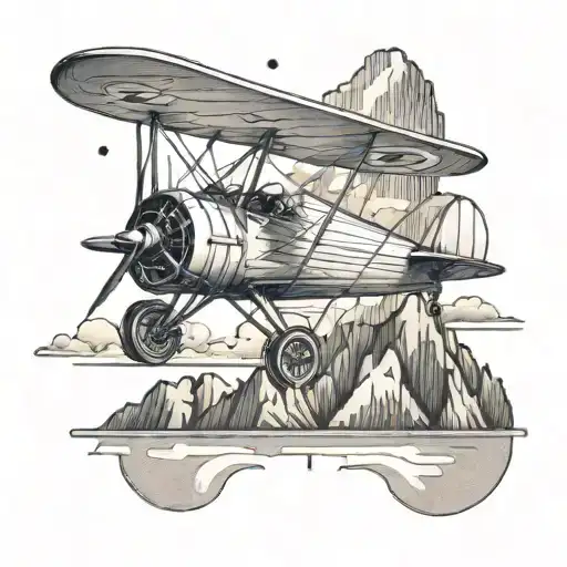 A stylized vintage biplane flying over a mountain range, evoking nostalgia and a sense of exploration tattoo design idea