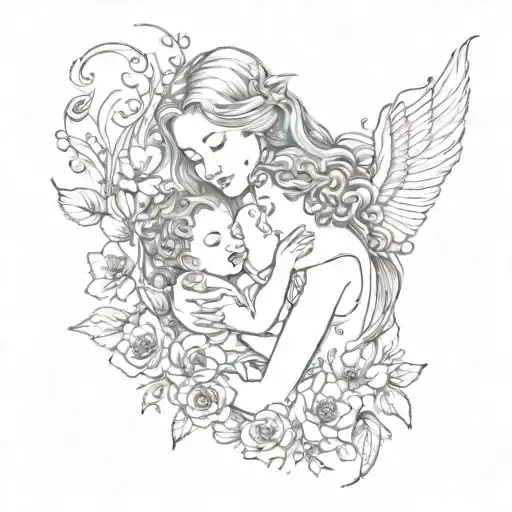 A delicate tattoo of a mother embracing her child, surrounded by flowers and music notes, representing the client's love for their family and music tattoo design idea