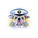  bulldog wearing a marine hat and a football, with the number 62 on its jersey, surrounded by the text of John 5:24. tattoo design idea