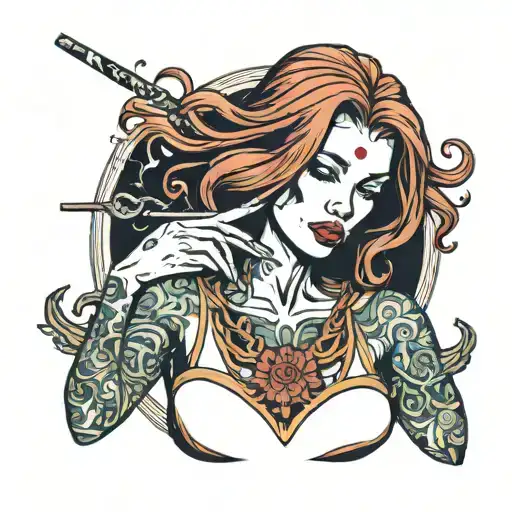 girl with straight red hair smoking a cigarette  tattoo design idea