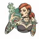 girl with straight red hair smoking a cigarette  tattoo design idea