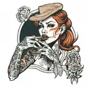 girl with straight red hair smoking a cigarette  tattoo design idea