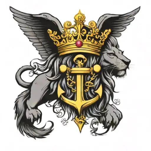 anchors, campus,cross, lion wearing a crown tattoo design idea