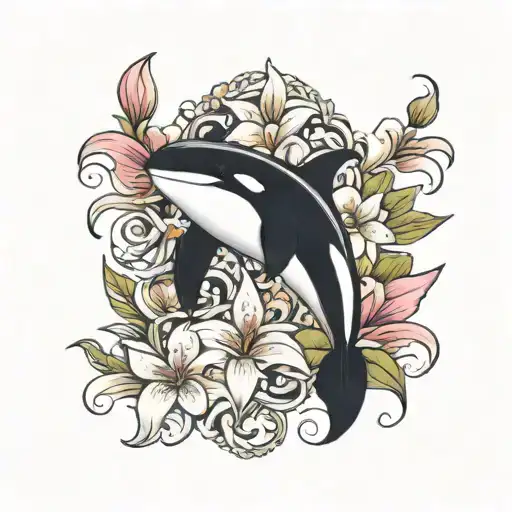 baby killer whale with lily flowers tattoo design idea