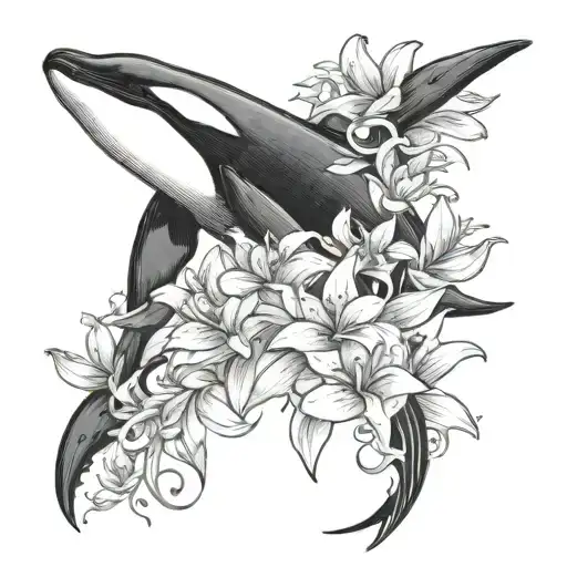 orca whale with lily flowers tattoo design idea