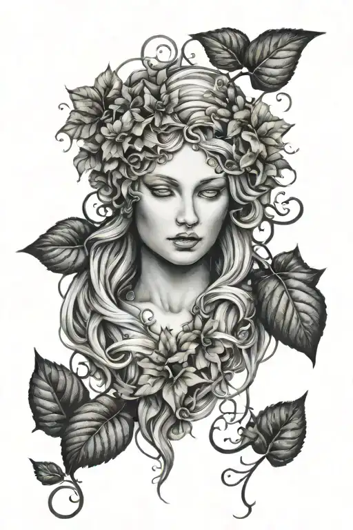aphrodite goddess face with Ivy growing for hair tangled together conjoined tattoo design idea
