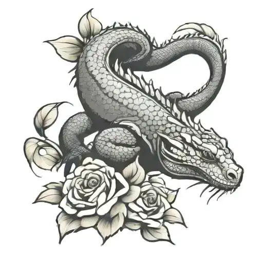 komodo dragon decorated with roses intertwined tattoo design idea