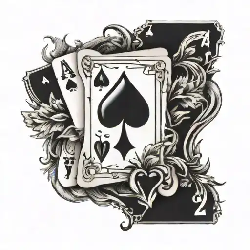pack of cards with the 7 of spades and the 2 of hearts, with a laurel wreath in the background tattoo design idea