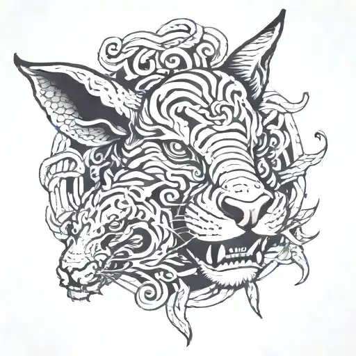 ox head with a snake coiling two rabbits and a tiger  tattoo design idea