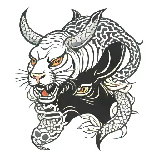 ox head with a snake, two rabbits and a tiger  tattoo design idea