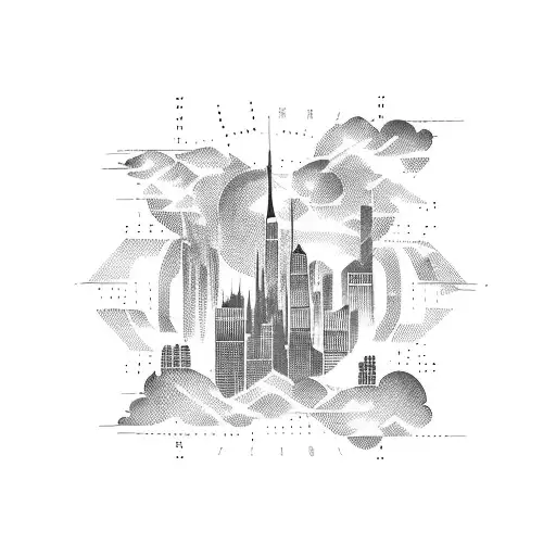 A silhouette of a city skyline with airplane trails forming binary code tattoo design idea