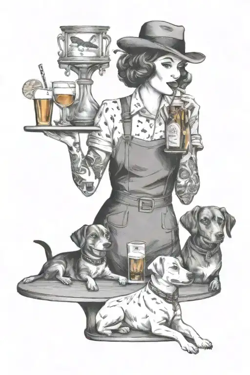 A tattoo design of a woman bartender serving drinks to a pack of dogs in a bar setting tattoo design idea