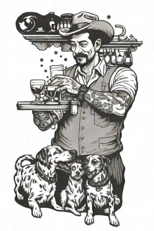 A tattoo design of a bartender serving drinks to a pack of dogs in a bar setting tattoo design idea