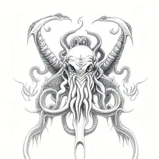 full body Cthulhu coming out of ocean with wings folded behind and Cthulhu cultists on beach sacrificing people tattoo design idea