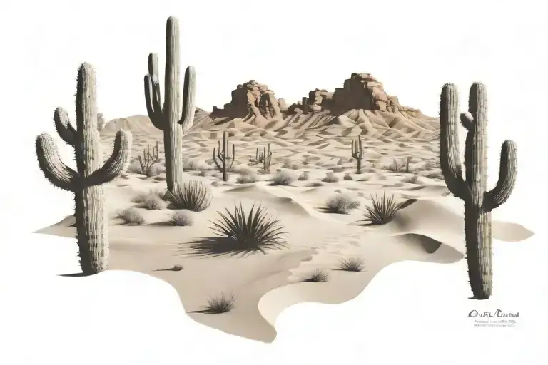 desert with a path to dunes, with cacti around tattoo design idea