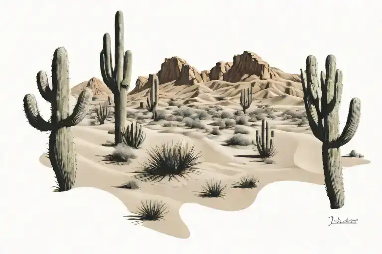 desert with a path to dunes, with cacti around tattoo design idea