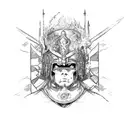 A warrior leading a rebellion against oppressive forces, with a backdrop of chaos and destruction tattoo design idea