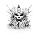 A warrior leading a rebellion against oppressive forces, with a backdrop of chaos and destruction tattoo design idea