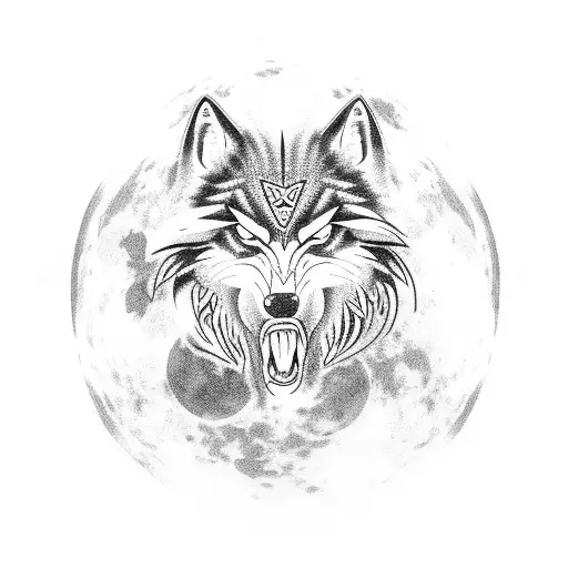 A tribal wolf howling at the moon tattoo design idea