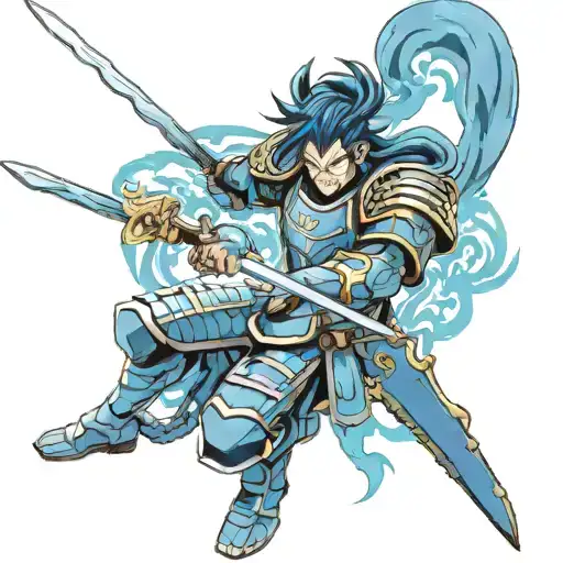 A blue armored samurai warrior kneeling holding onto a sword with both hands body facing towards me blue fire background tattoo design idea