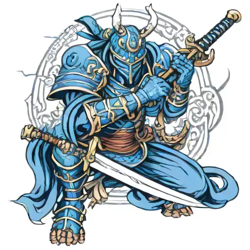 A blue armored samurai warrior kneeling holding onto a sword with both hands  tattoo design idea