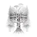 A towering tree with roots spreading deep into the ground, merging the tranquility of Sherwood forest with the strength and ingenuity of an electro mechanical engineer tattoo design idea