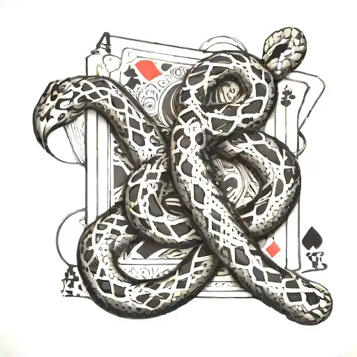 A royal flush hand of poker cards with a snake wrapped around it tattoo design idea