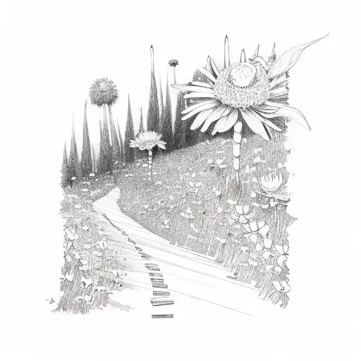 A hiking trail leading to a field of colorful flowers tattoo design idea