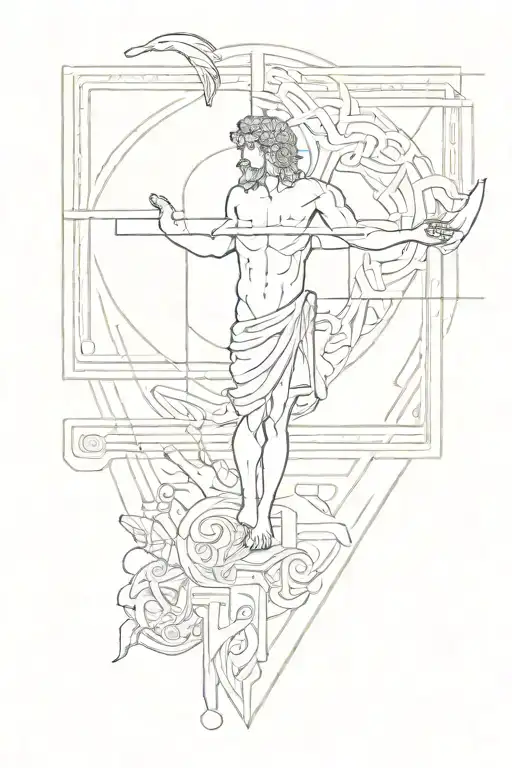 A fine line Greek geometric style tattoo with aspects from the Bible, including the creation of Adam,  tattoo design idea
