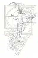 A fine line Greek geometric style tattoo with aspects from the Bible, including the creation of Adam,  tattoo design idea
