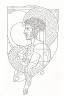 A fine line Greek geometric style tattoo with aspects from the Bible, including the creation of Adam,  tattoo design idea