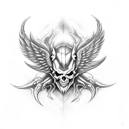Demon with wings holding skull in its feet in gilded in foames tattoo design idea