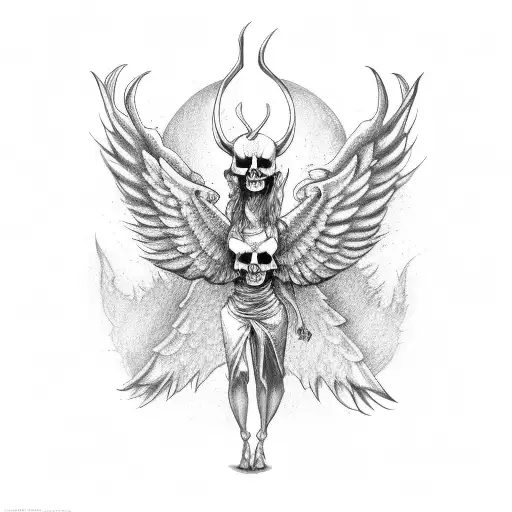 full body demon with wings hold skull in its razor sharp feet  tattoo design idea