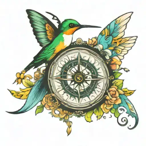 butterfly angel hummingbird compass surrounded tattoo design idea