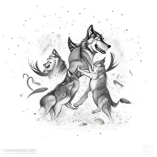 A fighter in the ring surrounded by a crowd of cheering wolves tattoo design idea