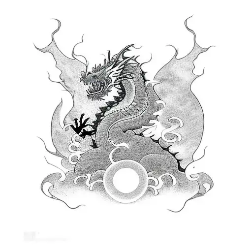 kaizen in japanese, with a dragon wrapped around a black ink samurai, burning bonzai trees with smoke background tattoo design idea