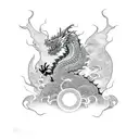 kaizen in japanese, with a dragon wrapped around a black ink samurai, burning bonzai trees with smoke background tattoo design idea