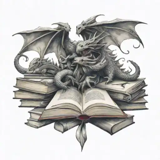 pile of books from which the last one comes out letters that gradually become two occidental dragons flying, a mother an tattoo design idea