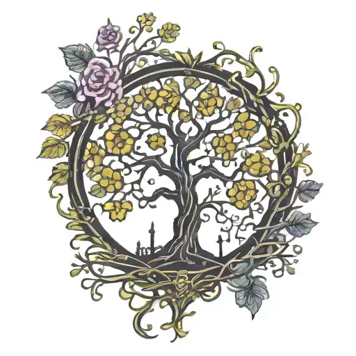 Poison tree silhouette surround by Vines with a halo above  tattoo design idea