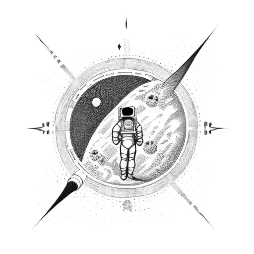 astronaut sitting above the planet of venus, pointing straight ahead  tattoo design idea