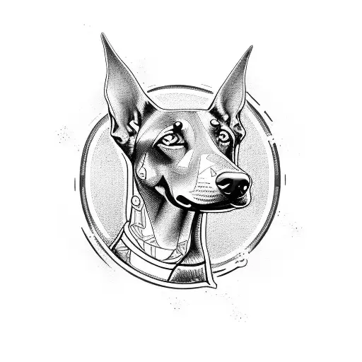 Create a tattoo design that features a doberman resting on a wooden workbench with tools and a coffee cup nearby, in a blackwork style. tattoo design idea