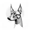 Create a tattoo design that features a doberman resting on a wooden workbench with tools and a coffee cup nearby, in a blackwork style. tattoo design idea