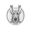 Create a tattoo design that features a doberman resting on a wooden workbench with tools and a coffee cup nearby, in a blackwork style. tattoo design idea