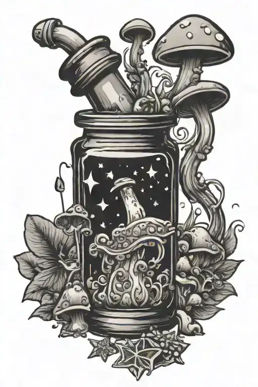 potion bottle filled with stars and mushrooms  tattoo design idea
