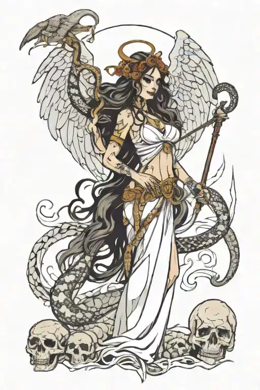 full scale long hair angel women with huge snake wrapped around staff, skulls in background with a ace card on fire  tattoo design idea